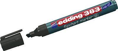 Otevřený popisovač Edding 383 na flipcharty s černým uzávěrem, vhodný pro prezentace na bílých tabulích.