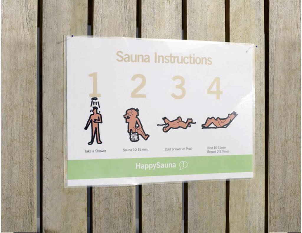 Návod na použití sauny: 1. Sprcha, 2. Sauna 10-15 minut, 3. Studená sprcha nebo bazén, 4. 10-15 minut odpočinku, 2-3krát opakovat.
