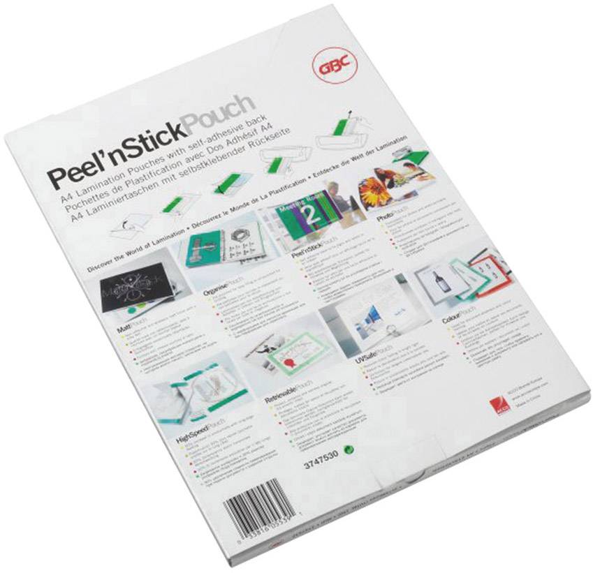 Obal pro GBC Peel'n Stick fólie, samolepicí laminátor na formát DIN A4, s příklady použití a pokyny.