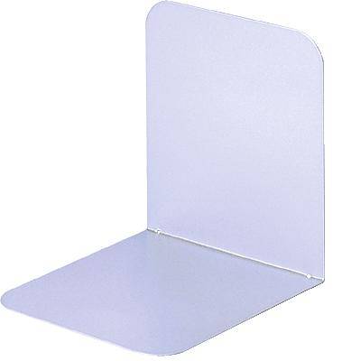 Jeden samostatný kovový knižní stojan ve stříbrné barvě s pravoúhlým designem, který slouží k podpírání knih na polici.