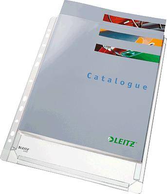 Dokument v průhledném obalu s nápisem 'Catalogue' a názvem značky 'Leitz' na obálce.