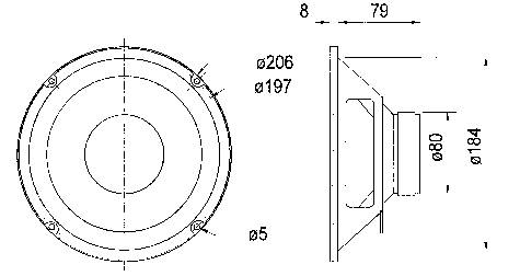 Technický výkres reproduktoru s rozměry: průměr 206 mm, hloubka 79 mm, upevňovací otvor 5 mm. Boční pohled zprava.
