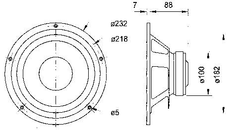 Technický výkres reproduktoru s čelním a bočním pohledem. Rozměry: průměr 232 mm, hloubka 88 mm.