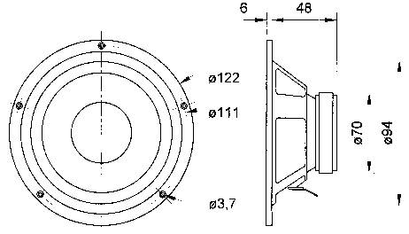 'Technický výkres reproduktoru: Přední pohled a boční pohled s rozměry. Průměr 122 mm, hloubka 48 mm.'