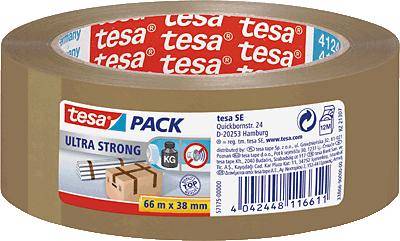 Balicí páska 'Tesa Pack Ultra Strong' v hnědé barvě, 66 m dlouhá a 38 mm široká. Na obalu jsou symboly označující vysokou pevnost.
