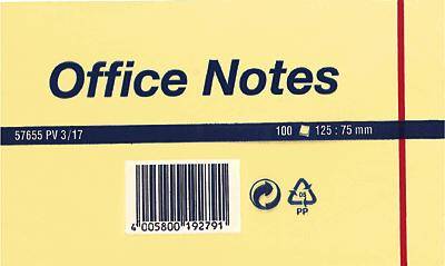 Žlutý obal poznámkového bloku Post-it s nápisem 'Office Notes', velikost 125x75 mm, 100 listů, čárový kód dole.