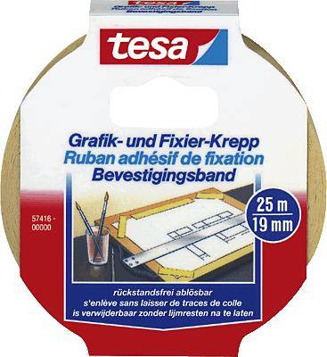 Role lepicí pásky pro grafiku a fixace. Na obalu stojí: 'Grafické a fixační krepové lepidlo, 25m, 19mm'.