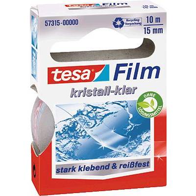 Obal lepicí pásky 'tesa Film křišťálově čirá', 10m délka, 15mm šířka, 'silně lepivá & odolná přetržení', bez rozpouštědel.