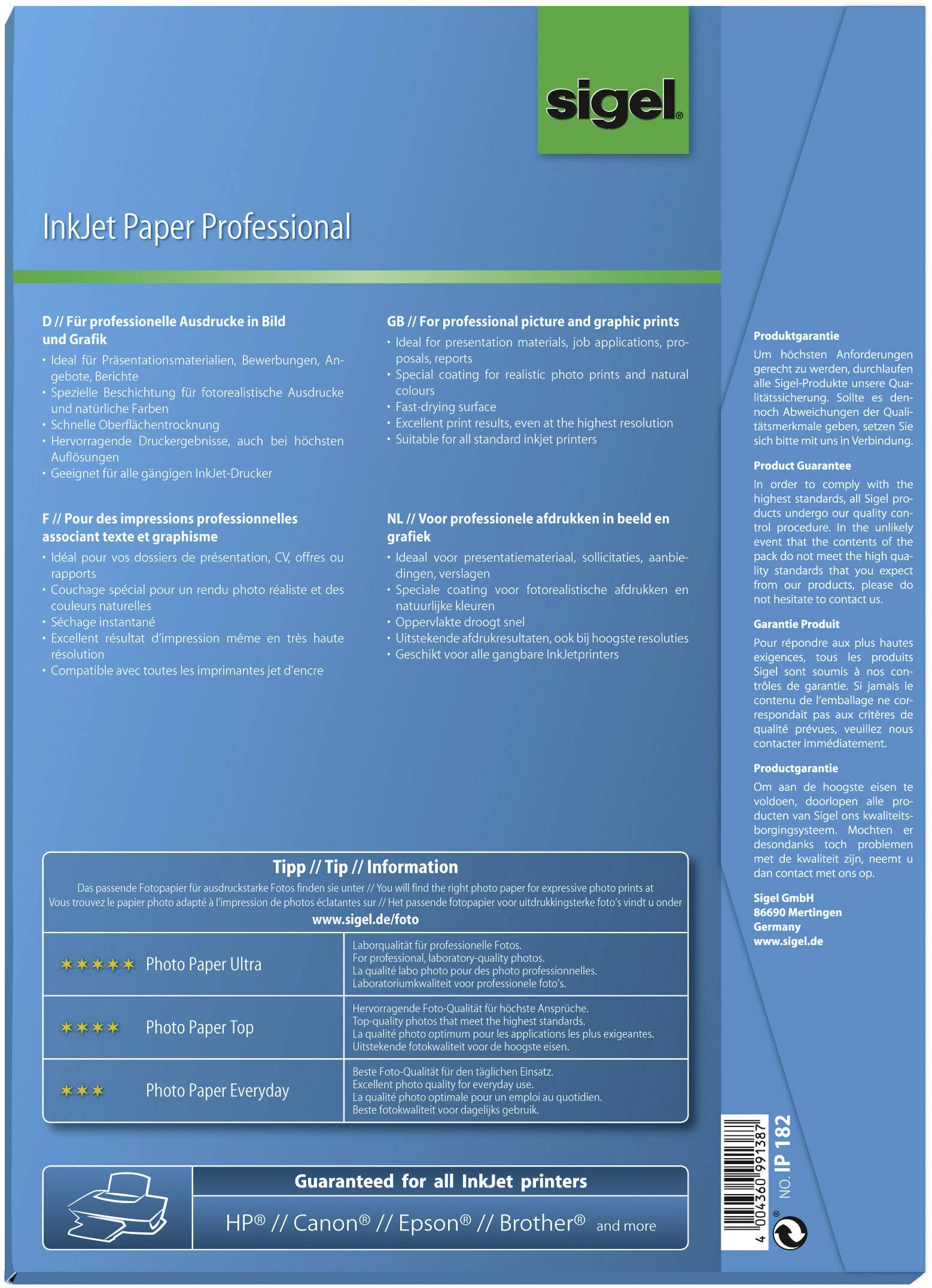 Modrý papírový obal s nápisem 'Inkjet Paper Professional' od značky Sigel, vhodný pro profesionální tisk na různých tiskárnách.