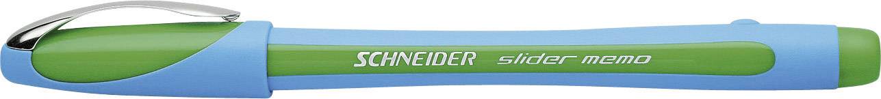 Modrý kuličkový fix se zelenou rukojetí značky 'Schneider slider memo'.