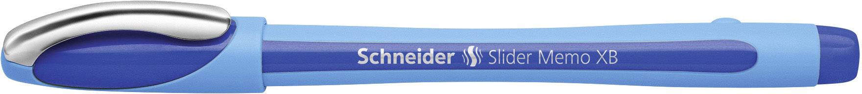 Modrá propiska s nápisem 'Schneider Slider Memo XB'. Pero má ergonomický úchop a lesklý uzávěr.