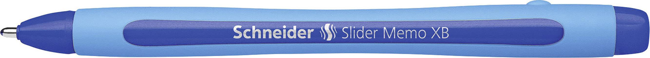 Modrá kuličková tužka s nápisem 'Schneider Slider Memo XB'.