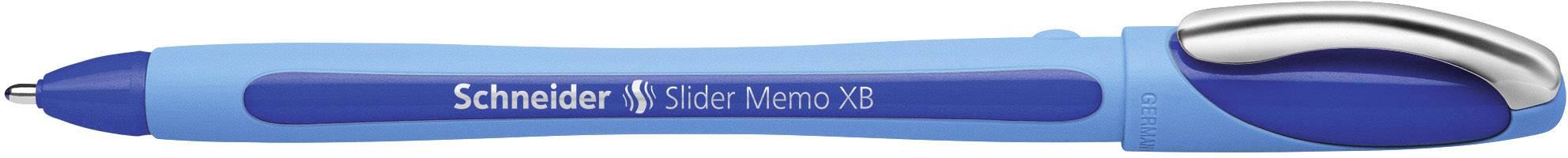 Modrý kuličkový papírový XB pero značky 'Schneider Slider Memo' s stříbrným a modrým hrotem, ležící plošně na povrchu.