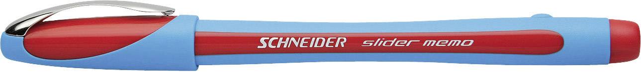 Modrý a červený kuličkový fix s nápisem 'SCHNEIDER slider memo', který ukazuje svou elegantní křivku a design.