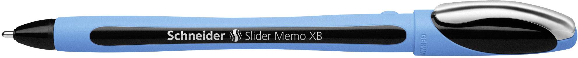 Modrá kuličková tužka značky Schneider s modelem 'Slider Memo XB', která vykazuje ergonomický design s černým víčkem.