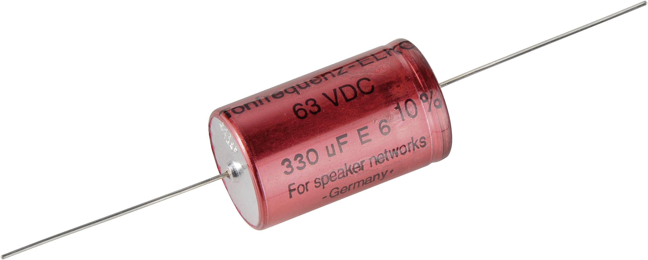 Červený válcový kondenzátor s označením '330 µF, 63 VDC, 10%'. Stříbrné vývody na obou stranách.