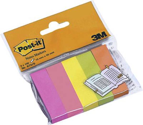 Post-it samolepící poznámka 670-5 15 mm x 50 mm  neonově žlutá, neonově růžová, neonově zelená, neonově oranžová, neonová fialová  500 listů