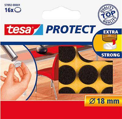 Balení Tesa Protect plstěných kluzáků, Ø 18 mm, extra silné, 16 kusů. Příklad použití: Kluzáky se umísťují pod nohy nábytku.
