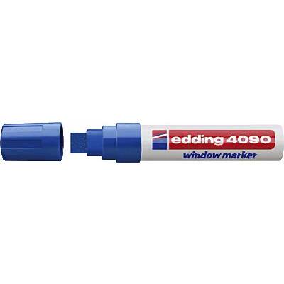 Otevřený bílý a modrý popisovač na sklo s nápisem 'edding 4090 window marker'.