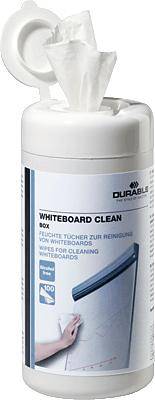 Nádoba s vlhčenými ubrousky 'Whiteboard Clean', zobrazená s rukou, která čistí whiteboard.