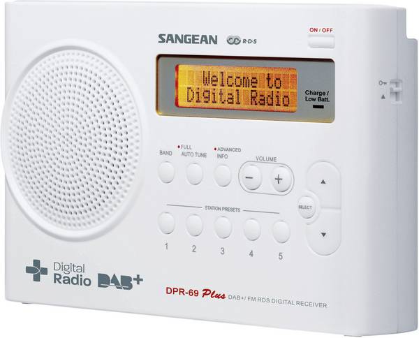 Sangean DPR-69+ DPR-69+-WH přenosné rádio, DAB+, FM, s USB nabíječkou, bílá