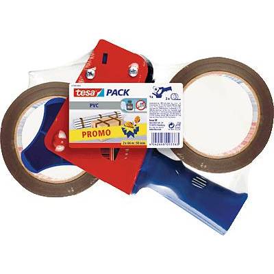 Balení obsahující dvě hnědé role lepicí pásky a modrý ruční odvíječ, označené nápisem 'tesa PACK PVC PROMO'.