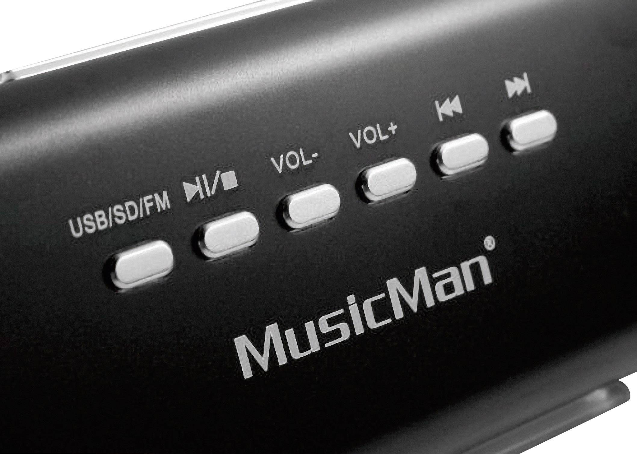Černý přenosný reproduktor značky 'MusicMan' s ovládacími prvky pro USB/SD/FM, přehrávání/pozastavení, hlasitost nahoru, hlasitost dolů, vpřed, vzad.