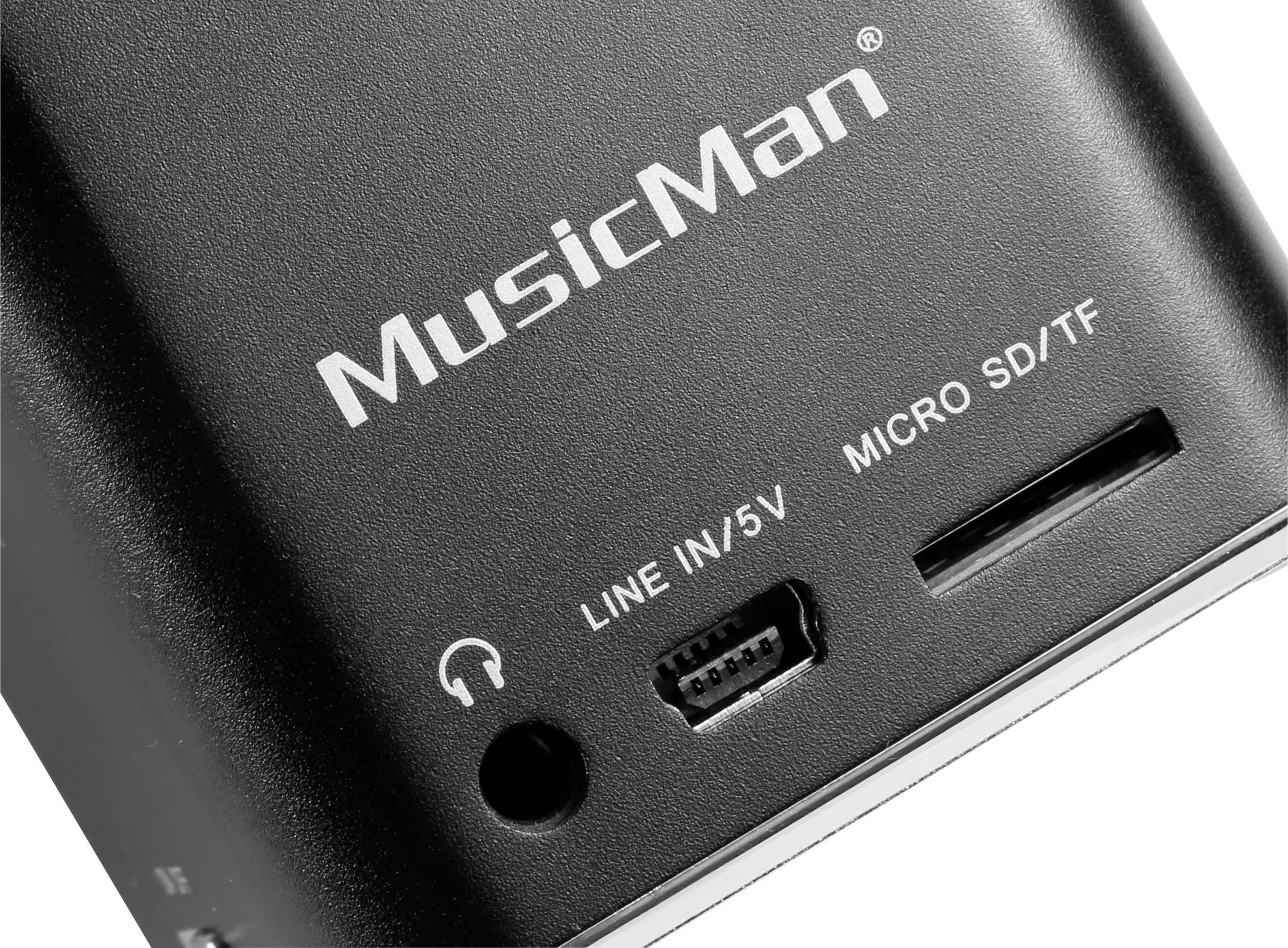 Přenosný reproduktor s konektory pro sluchátka, Line-In/5V a Micro SD/TF. Značka 'MusicMan' je viditelná.