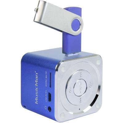 Přenosný modrý reproduktor 'MusicMan', čtvercového tvaru, s kulatými ovládacími tlačítky na horní straně a integrovaným USB portem.