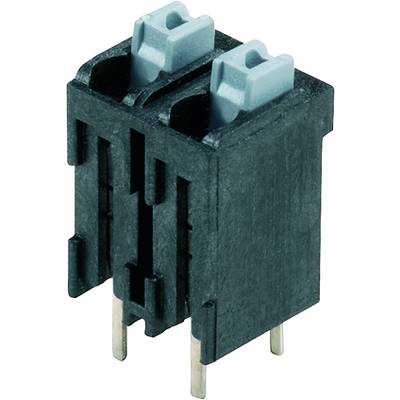 Černený elektronický konektor s dvěma šedými zdířkami a kovovými kolíky na spodním konci, určený pro montáž na desku plošných spojů.