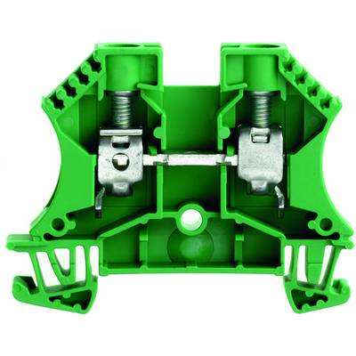 Zelený elektrický kabelový konektor se symetrickým designem, se dvěma šroubovými uzávěry a otvory pro připojení kabelů.