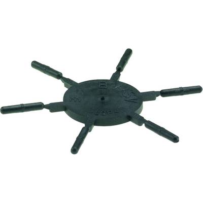 Černý kulatý plastový rotor s šesti rovnoměrně rozmístěnými rameny. Označený písmeny a čísly.