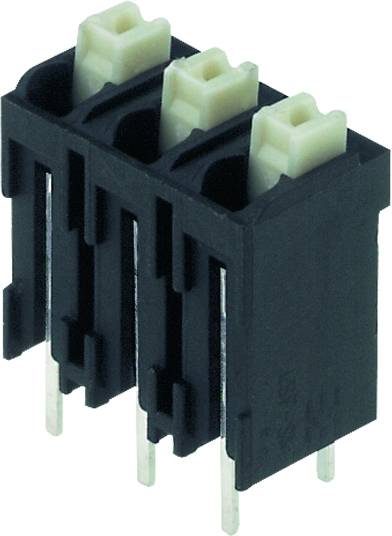 Černný trojřadý konektor se šesti kovovými kolíky a bílými plastovými vložkami pro elektrotechnické montážní aplikace.