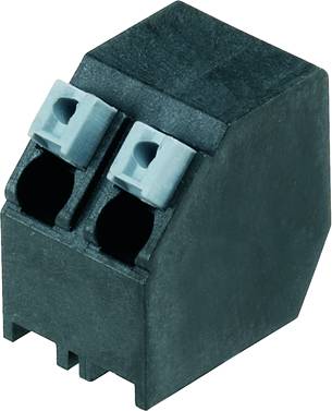 Černý konektor se dvěma svorkami, vhodný pro elektrické spoje v elektronických obvodech.
