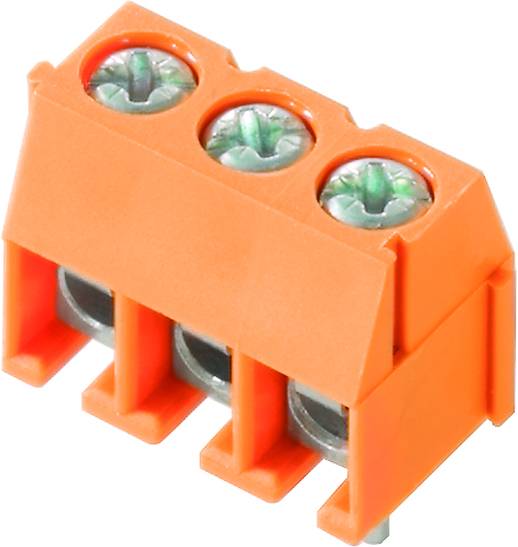 Oranžový třípólový konektor se šroubovacími svorkami, pohled shora. Používá se pro elektrické propojení.