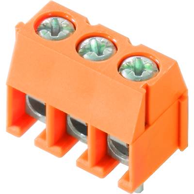Oranžový třípólový konektor se šroubovacími svorkami, pohled shora. Používá se pro elektrické propojení.