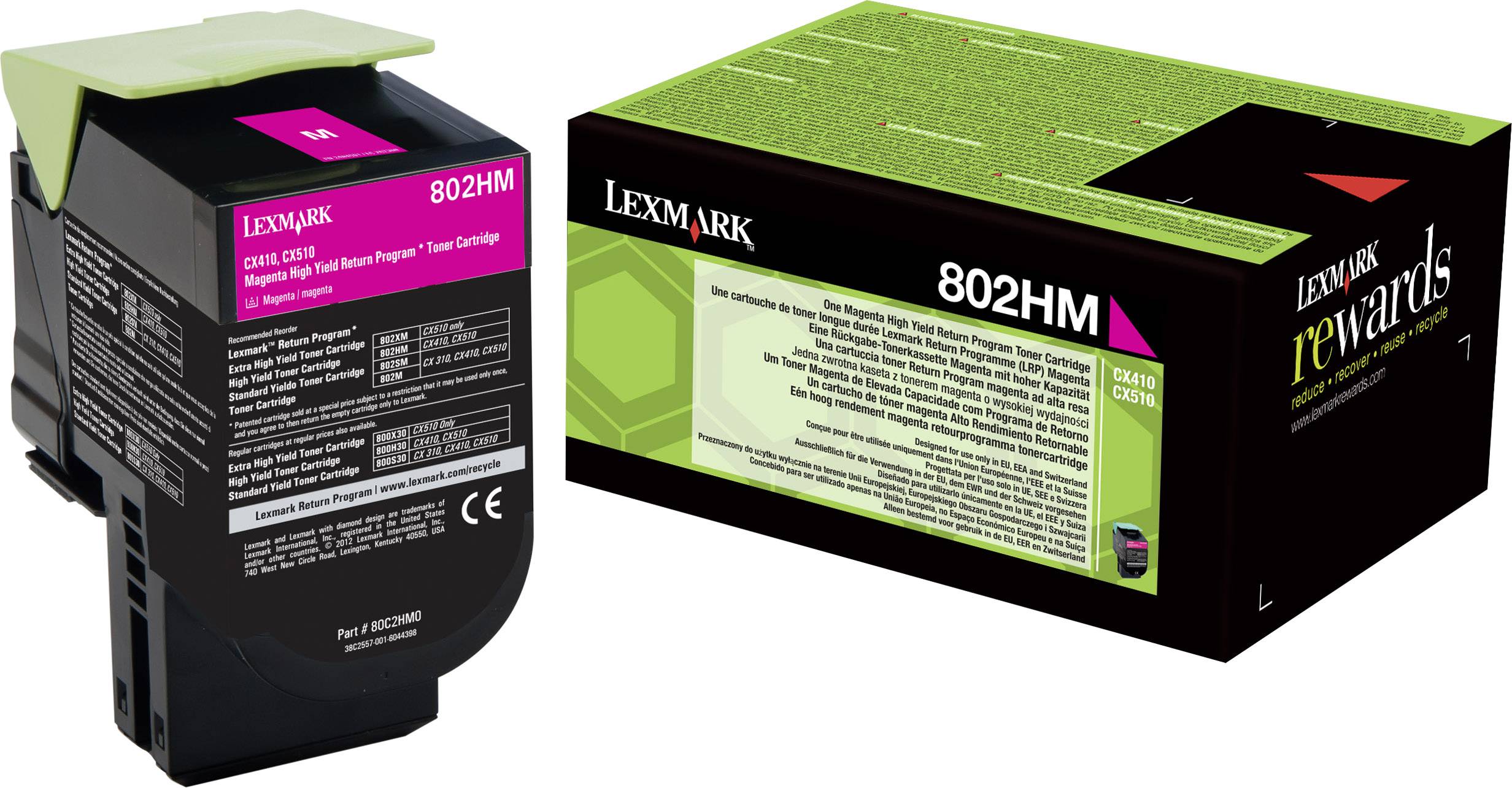 Kazeta a obal purpurového toneru Lexmark 802HM.
