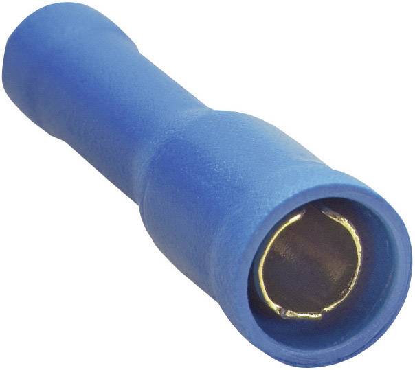 Modrý izolovaný kabelový očko pro elektrické spoje, válcovitého tvaru, s kovovou objímkou uvnitř.
