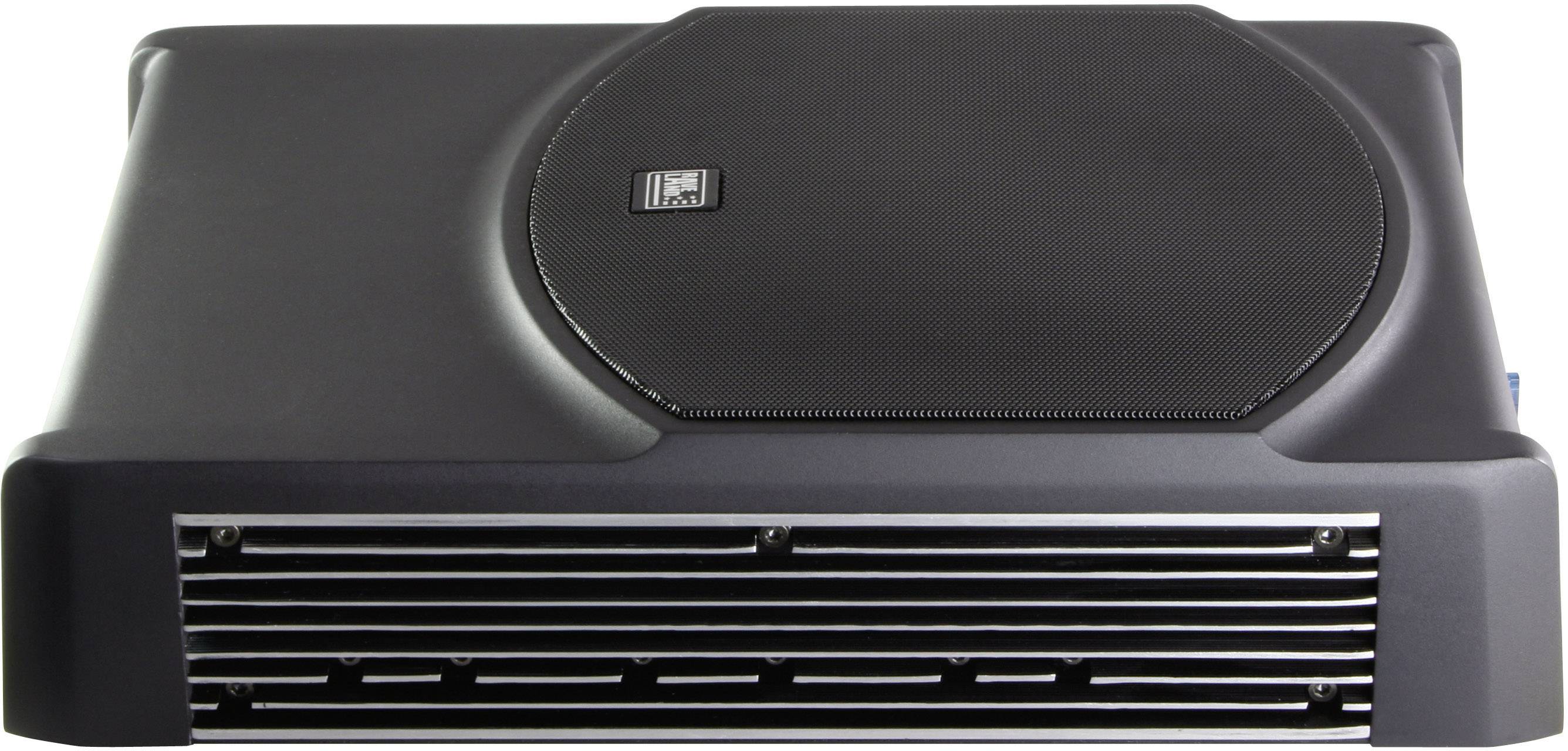 Obdélníkový černý subwoofer s kulatým reproduktorovým mřížováním nahoře a větracími otvory na přední straně.