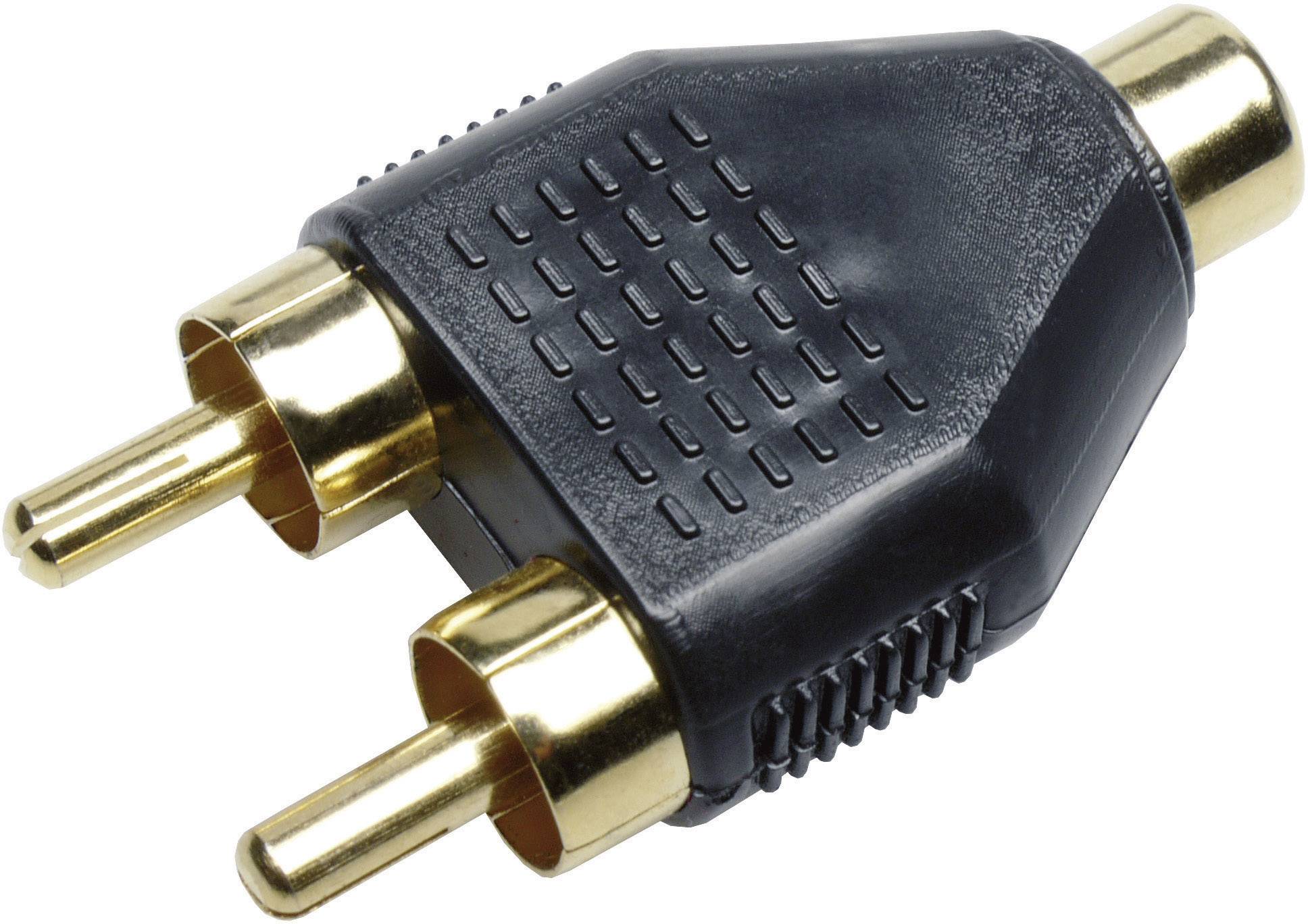 Černý audio adaptér se dvěma samčími a jedním samičím RCA konektorem, určený pro propojení audiovybavení.