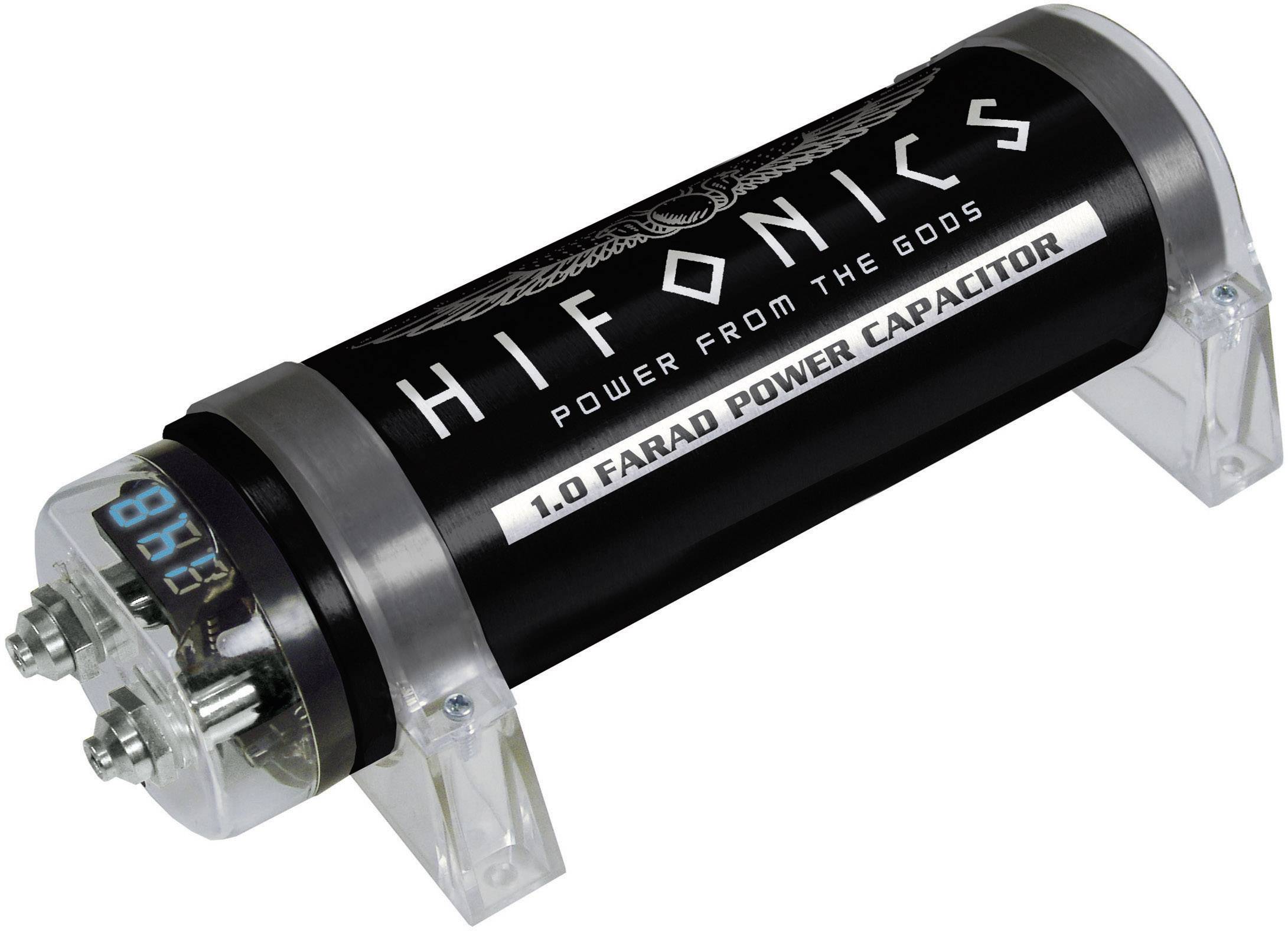 Válcový automobilový audio kondenzátor s nápisem 'HIFONICS Power from the Gods', kapacitou 1,0 farad, v černém designu.