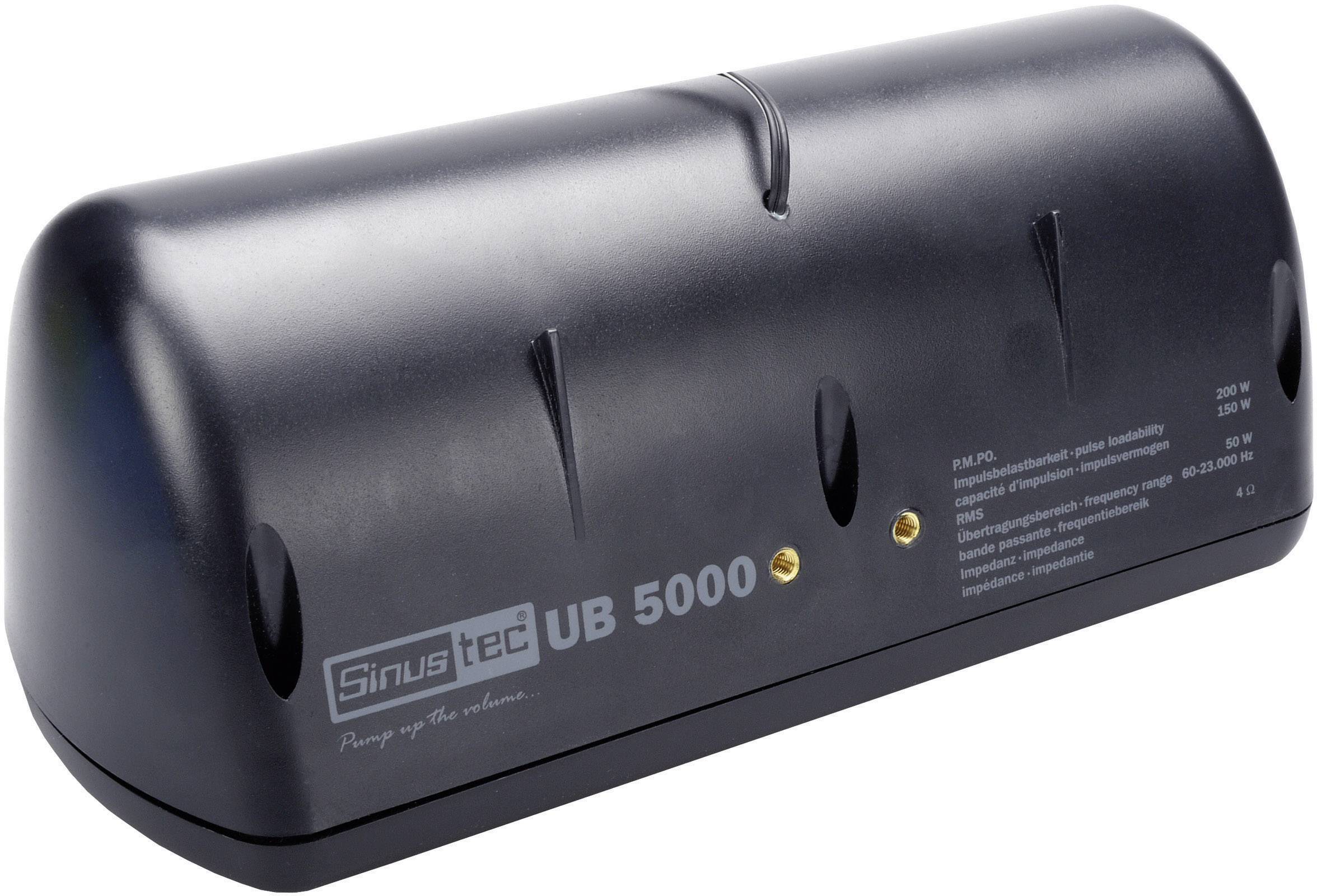 Černý basový zesilovač Sinus Tec UB 5000 s technickými specifikacemi na straně, vhodný pro zesílení nízkých frekvencí.
