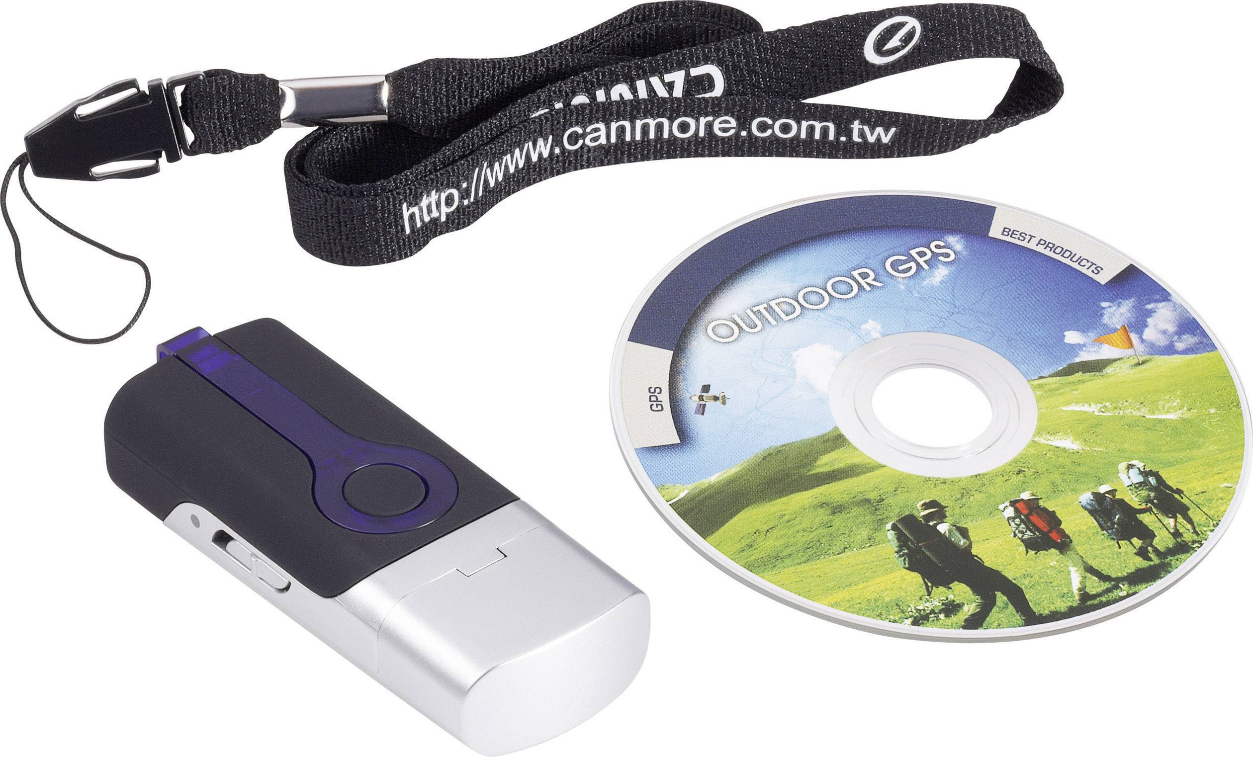 GPS tracker s černým náramkem a CD s nápisem 'Outdoor GPS'. CD zobrazuje obrázek pochodujících turistů v zelené krajině.