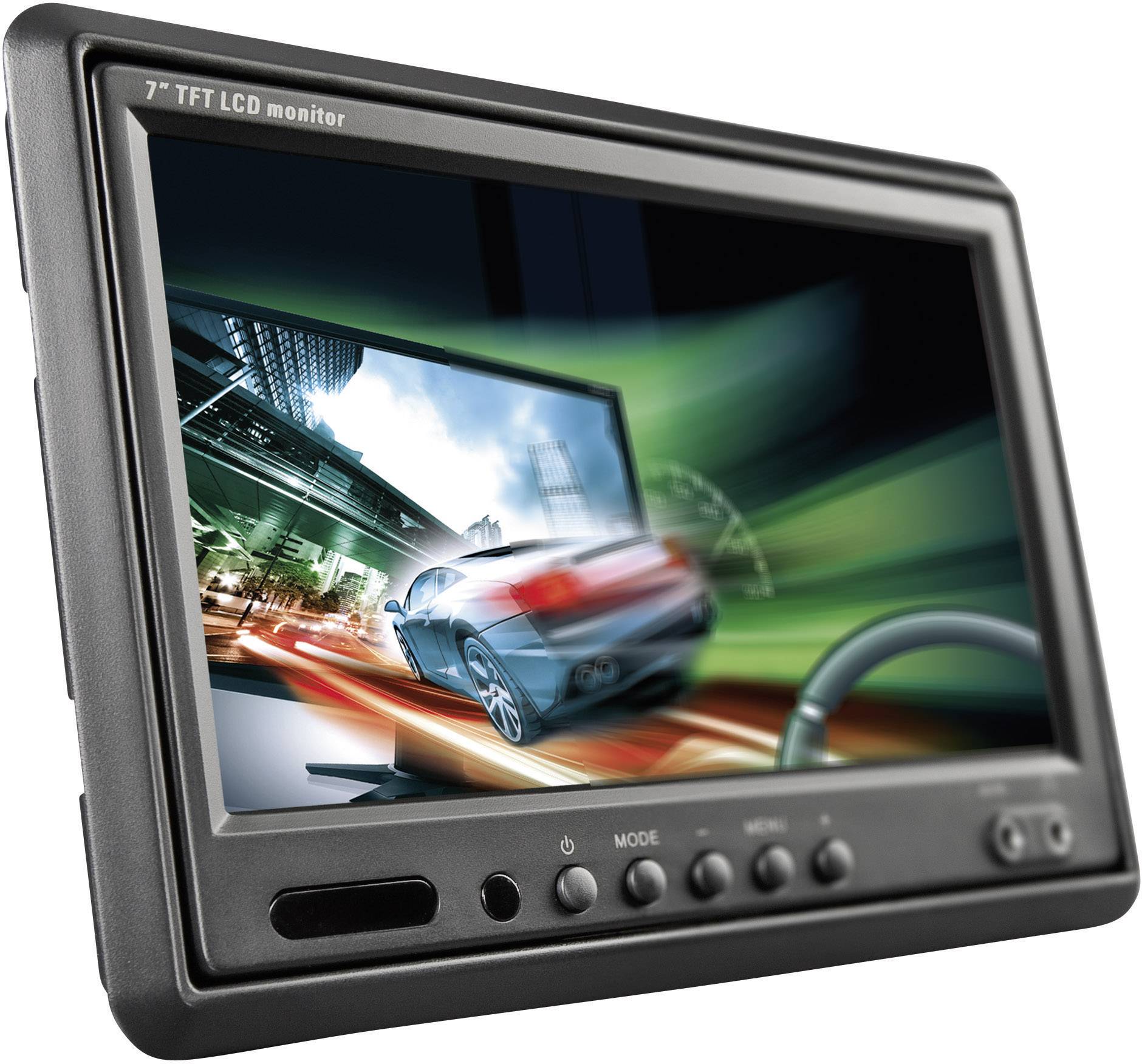 Autorizovaný řidičský simulátor zobrazený na 7palcovém TFT LCD monitoru ukazuje automobil jedoucí po virtuální silnici s rozmazaným pozadím.