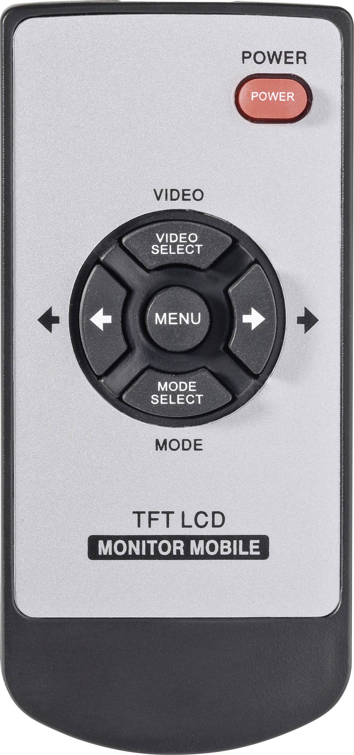Dálkový ovladač s tlačítky pro 'Zapnutí', 'Výběr videa', 'Menu', 'Výběr módu' a směrovými šipkami. Dole je napsáno 'TFT LCD Monitor Mobile'.