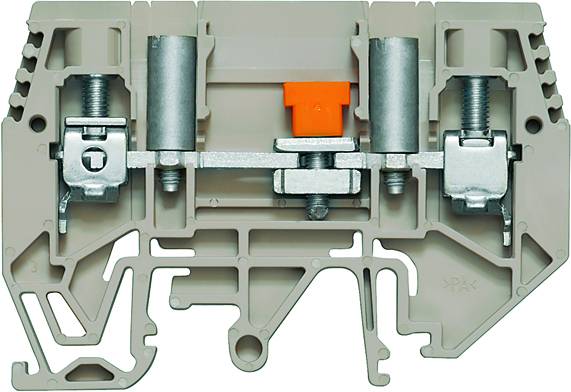 Elektrická řadová svorka se šroubovým připojením, šedé barvy, zobrazuje vnitřní mechanismy pro upevnění kabelu.