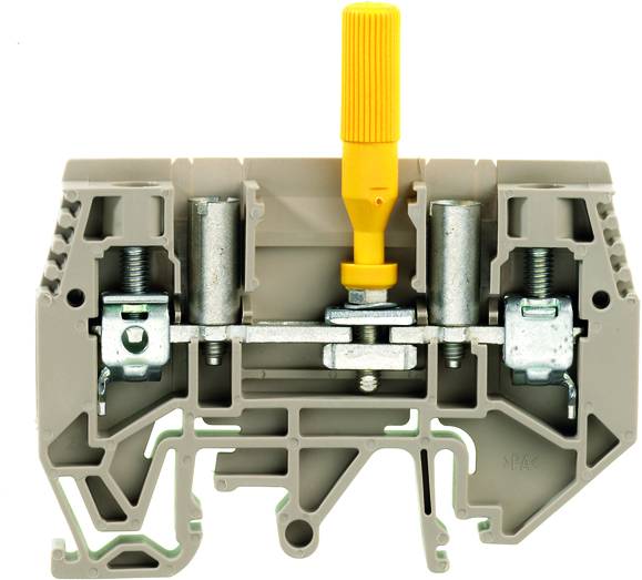 Elektrická svorková lišta s žlutou pákou uprostřed, která odhaluje vnitřní mechanismus a propojení.