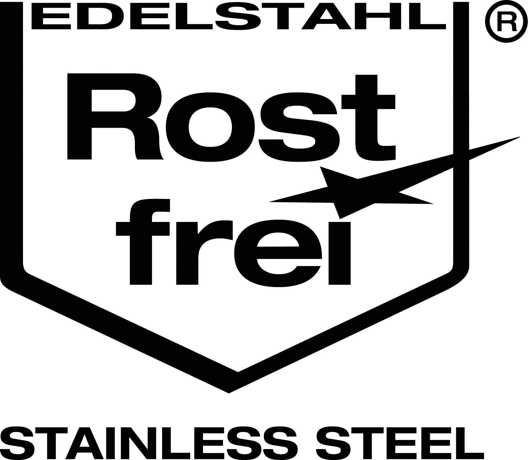 Obrázek zobrazuje logo pro 'Edelstahl Rostfrei', které označuje nerezovou ocel. Nahoře je napsáno 'EDELSTAHL' a dole 'STAINLESS STEEL'.