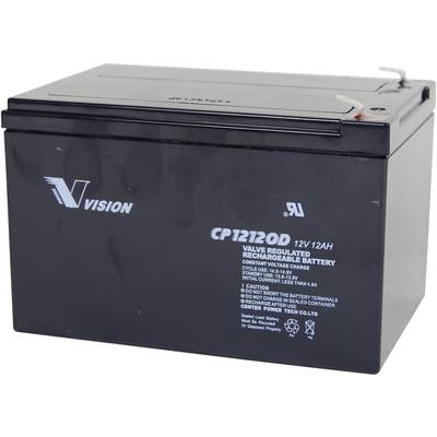 Černá baterie s potiskem 'CP12120D, 12V, 12Ah'. Značení zobrazuje bezpečnostní pokyny a technické specifikace.