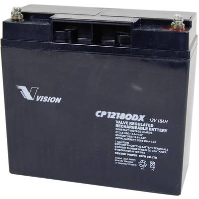 Dobíjecí baterie s nápisem 'Vision CP12180DX 12V 18Ah'. Černé, obdélníkové pouzdro.